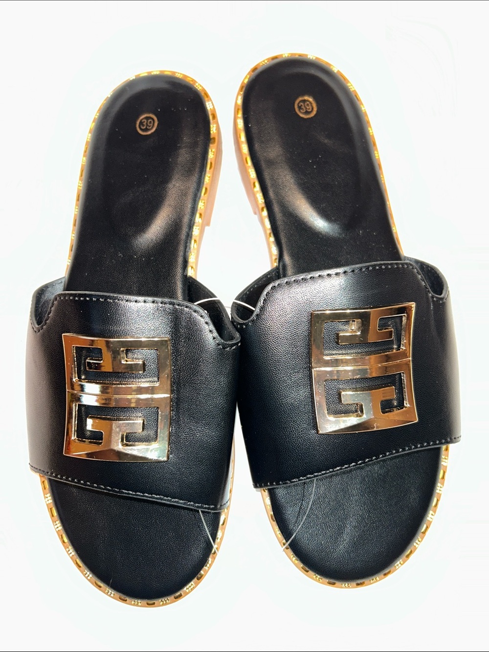 Black Slide Sandals with Gold Emblem - Women